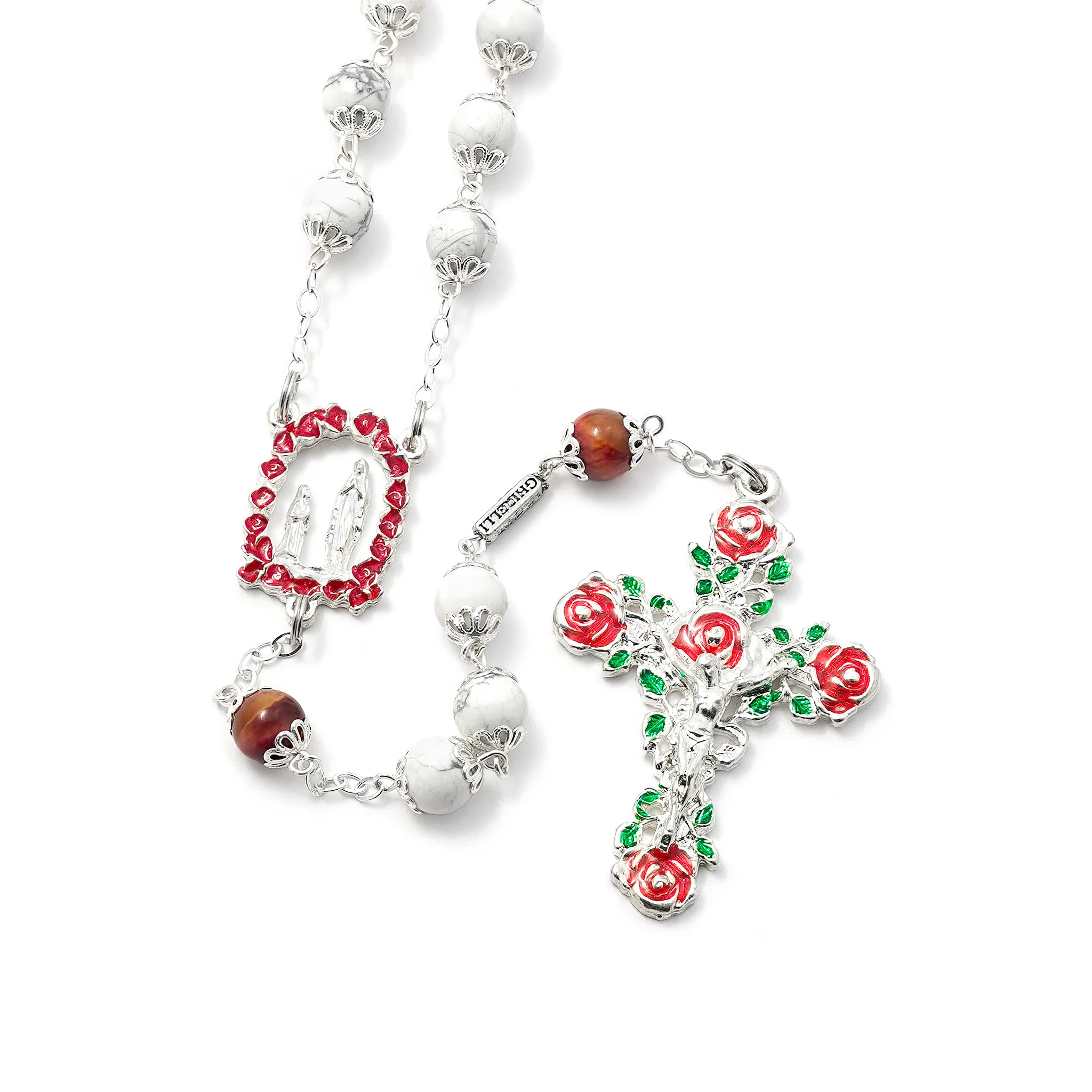 Lourdes Roses & Saint Bernadette Rosary with Pearl, Silver & Enameled