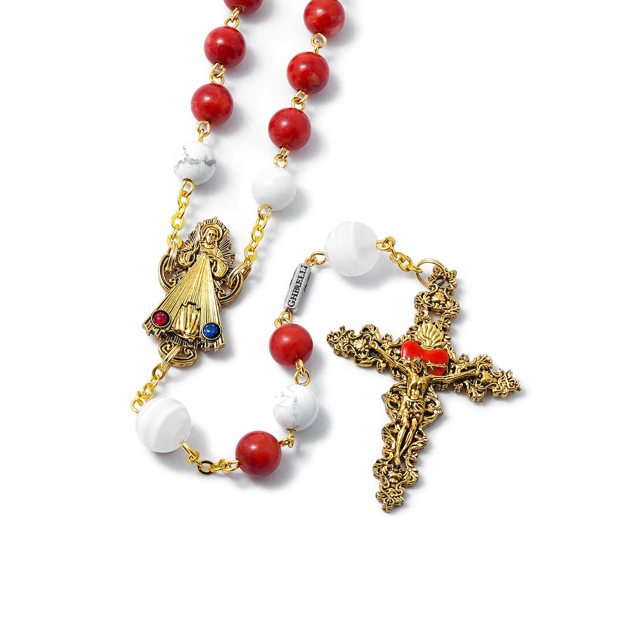 Merciful Jesus Divine Mercy Rosary - Murano Glass, Red Agate, and Hand Enamel