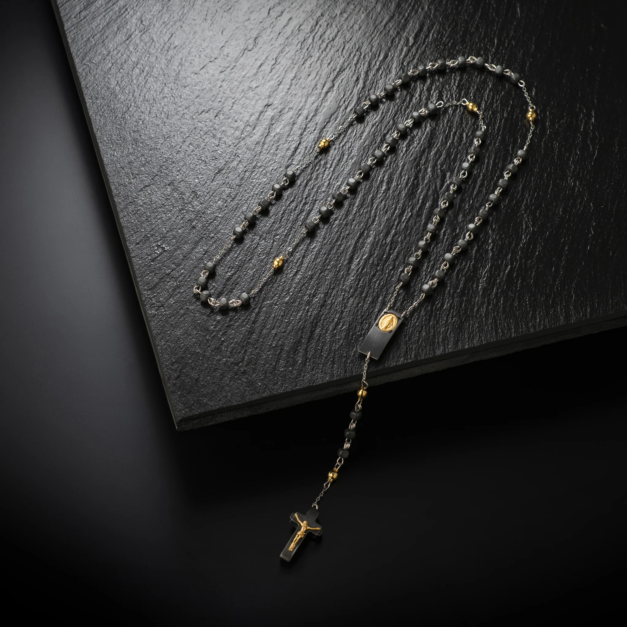 ROSALET® NECKLACE BLACK RHODIUM - SQUARE MATTE HEMATITE BEADS, GOLD PATER - Image 2