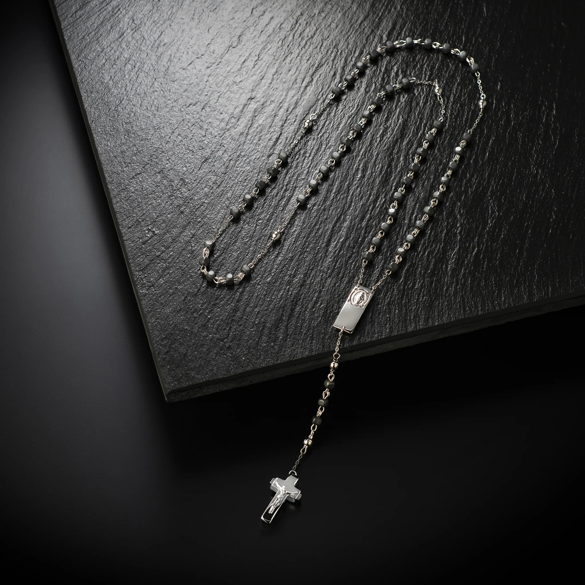 ROSALET®  NECKLACE SQUARE MATTE HEMATITE BEADS, STERLING SILVER & ROUND PATER - Image 2