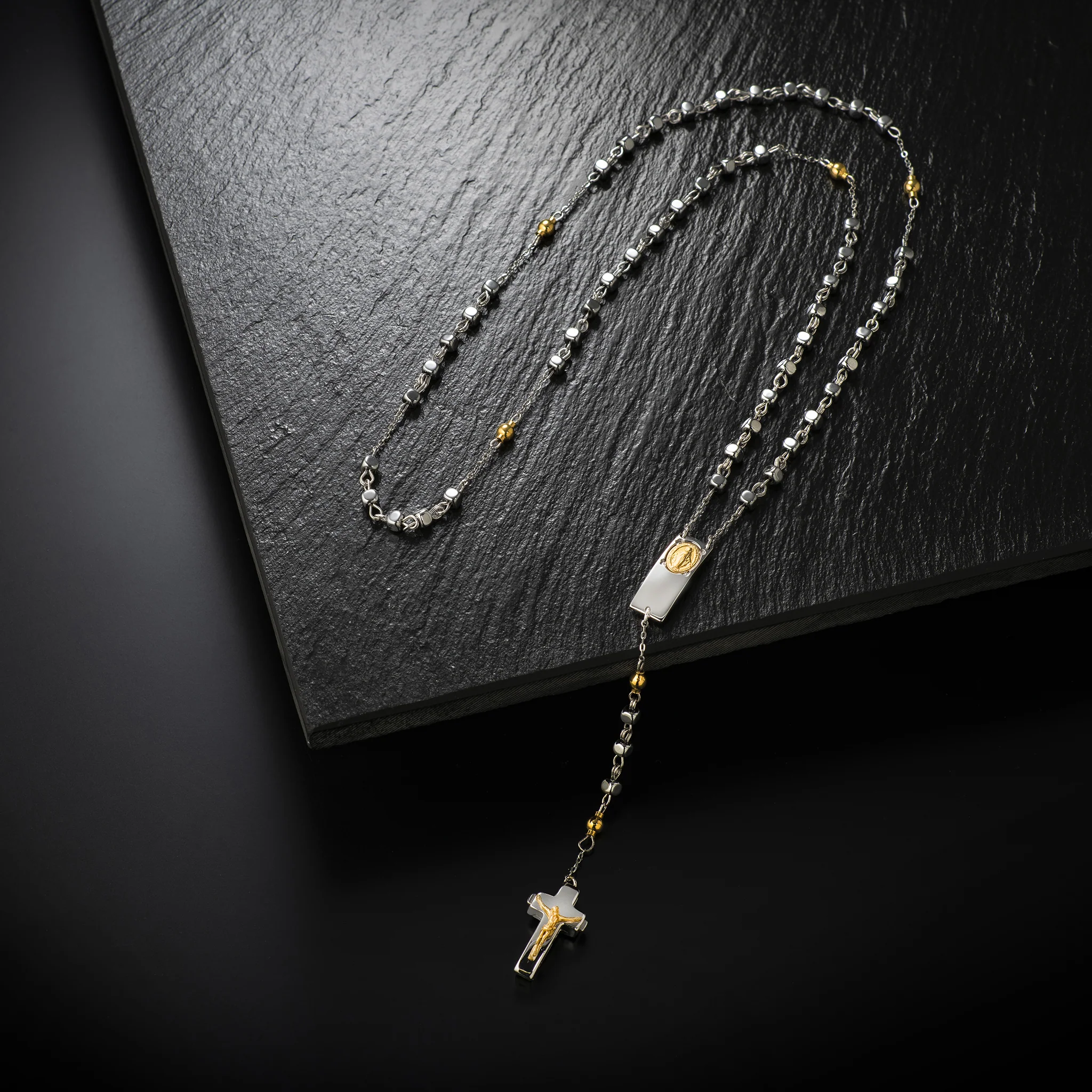Rosalet® Necklace with Square Silver Hematite Beads and Sterling Silver & Gold Pater - Image 2