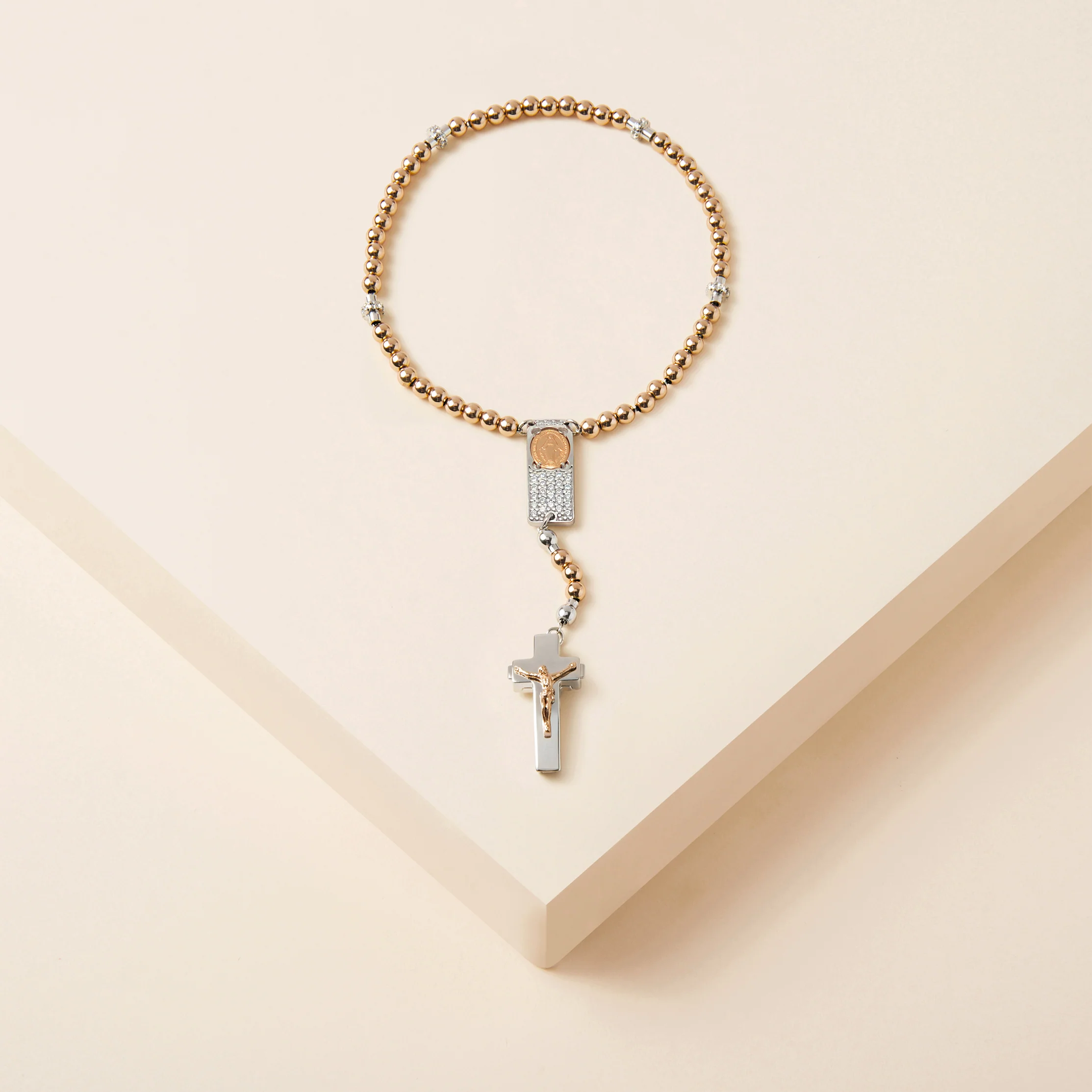 ROSALET® ROUND ROSE GOLD BEADS, STERLING SILVER & PAVE PATER, ROSARY CENTER WITH ZIRCON PAVE, TRADITIONAL - Image 3
