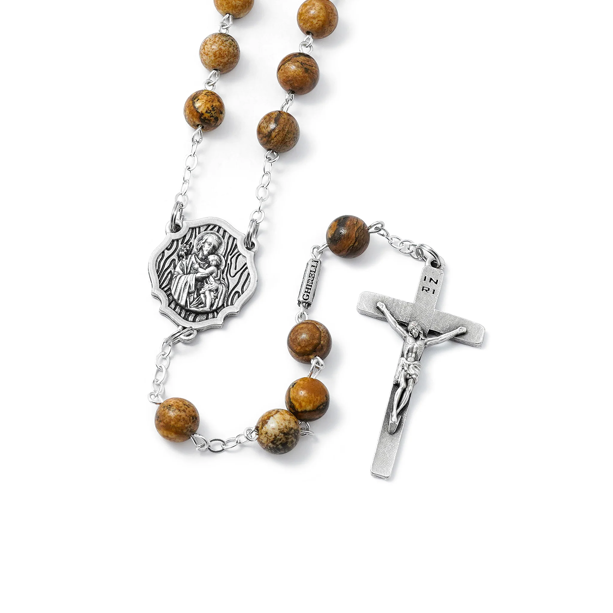 Saint Joseph Rosary in Antique Silver with Natural Jasper Stone